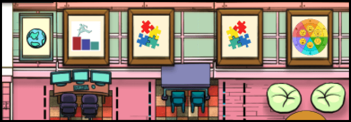 Illustration of a classroom with paintings