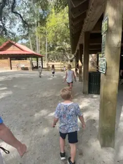 A child in shorts and a patterned shirt walks on a sandy path under a rustic wooden shelter.