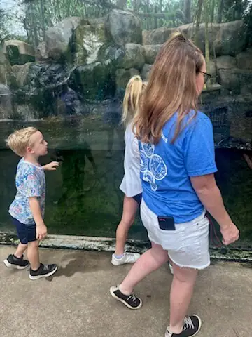 A woman and two children observe an exhibit through a glass wall at a zoo.