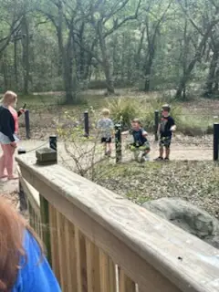 Children play on a wooded path surrounded by trees, while a woman stands nearby on a wooden deck.